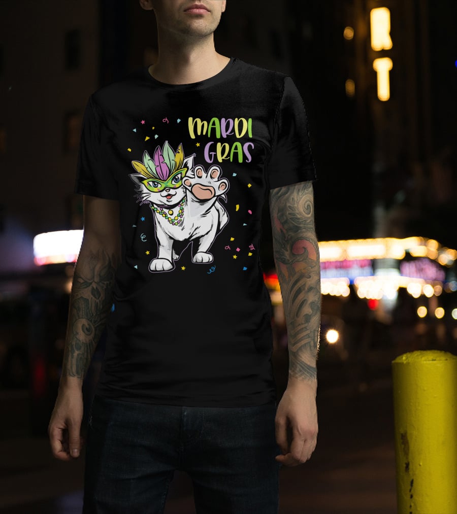 Mardi Gras Masked Cat Dancing With Beads And Confetti T-Shirt