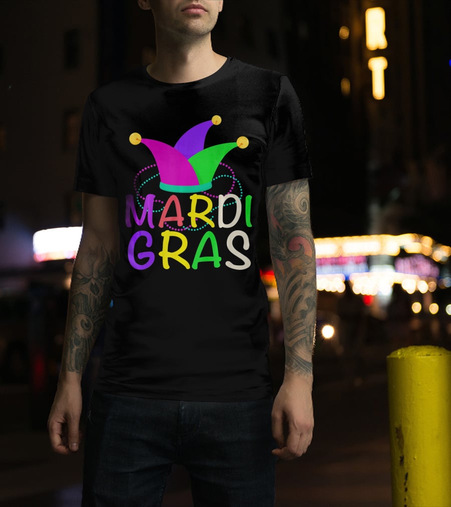 Mardi Gras Jester Hat Colorful Beads T-Shirt