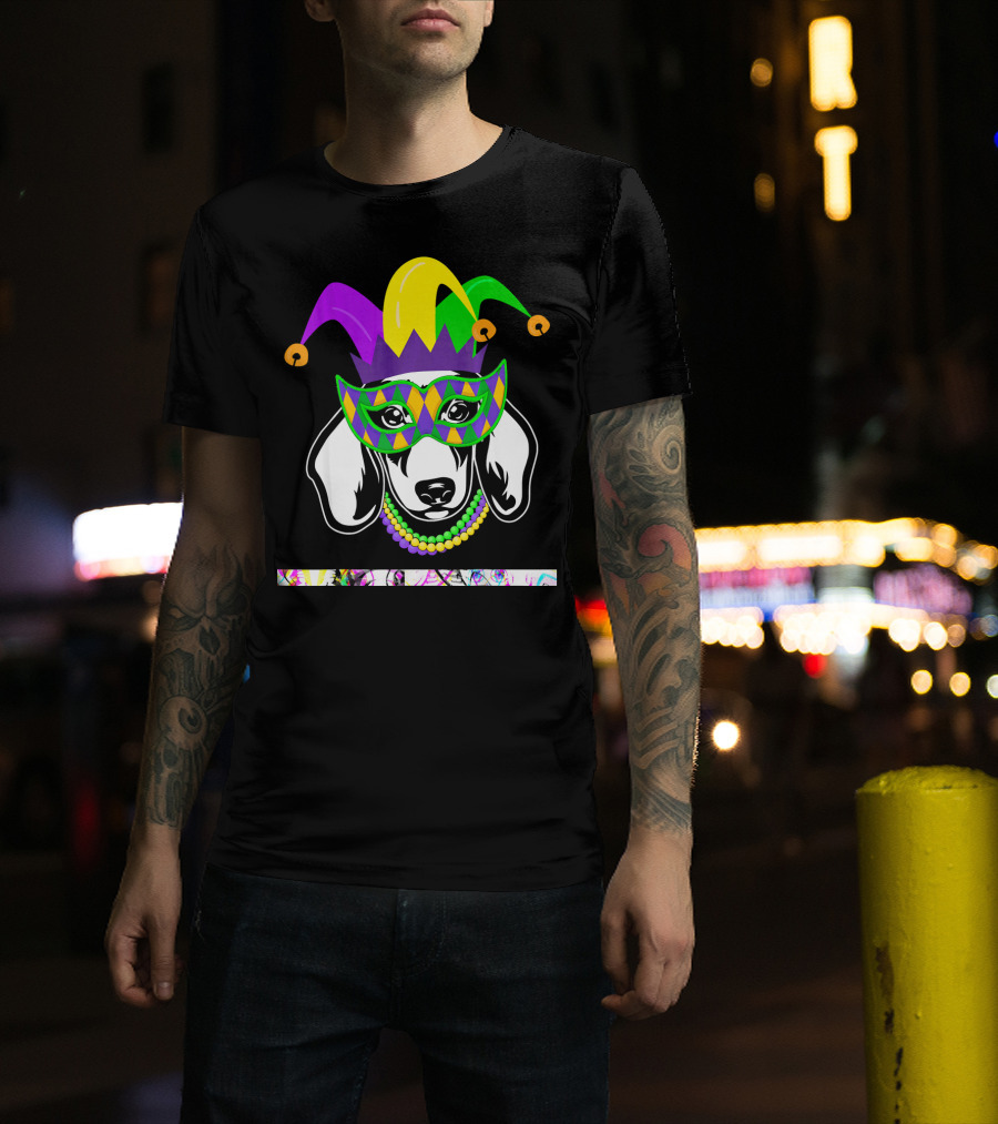 Mardi Gras Dachshund Jester Mask Beads Dogs Love T-Shirt