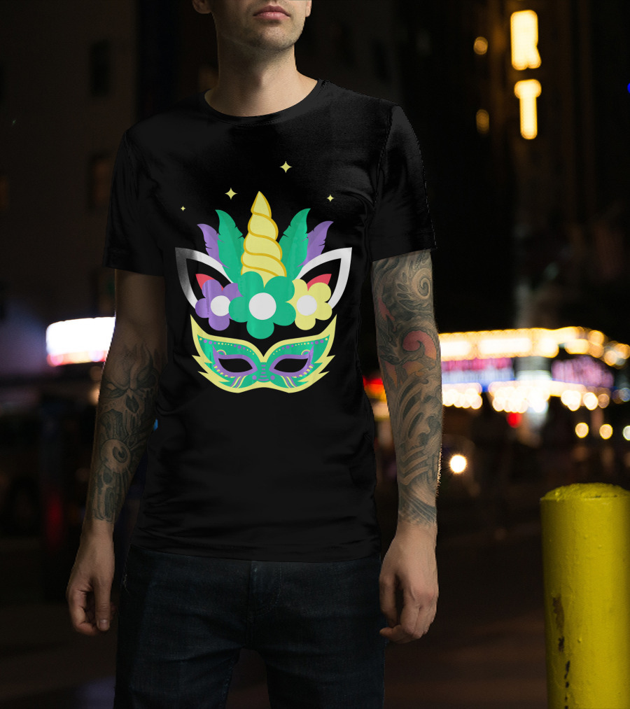 Unicorn Mardi Gras Mask With Flowers And Stars T-Shirt