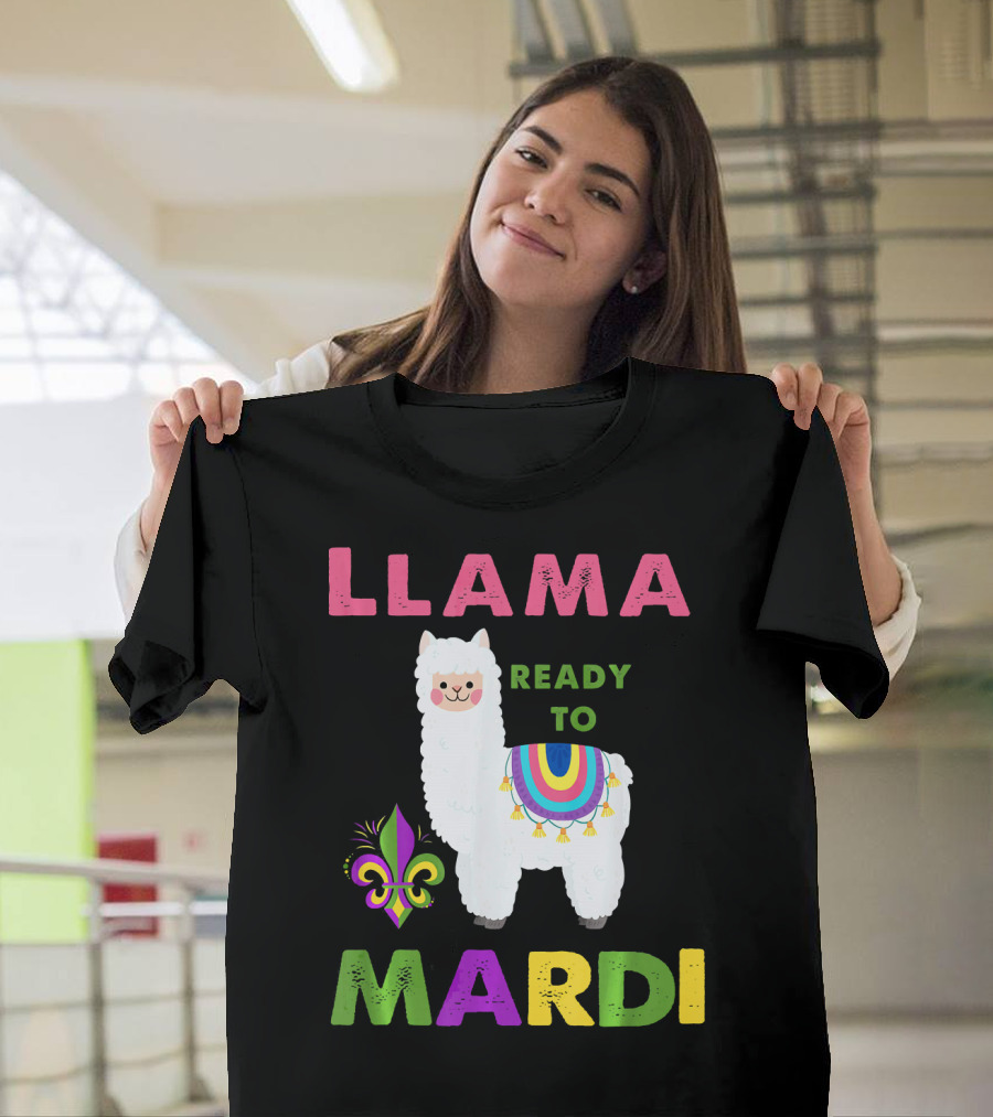 Llama Ready To Mardi Gras Fleur De Lis Festival Colors T-Shirt