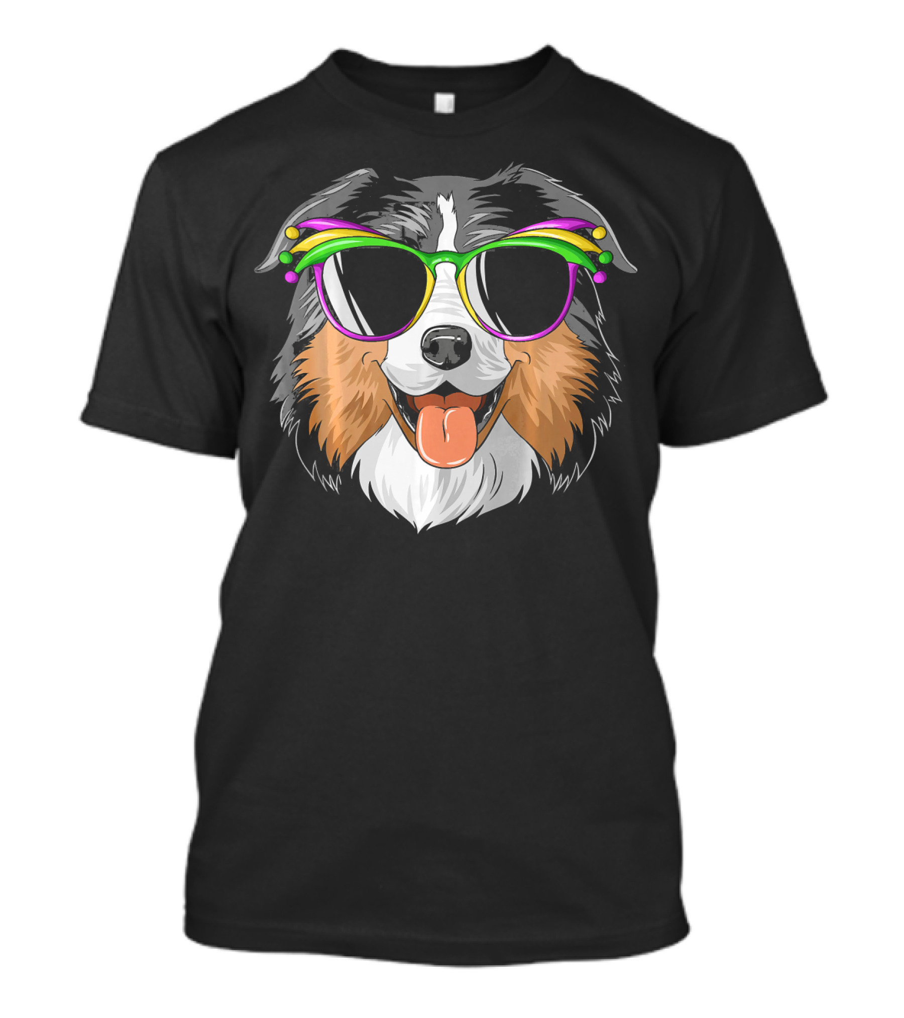 Australian Shepherd Dog Wearing Mardi Gras Festival Sunglasses T-Shirt