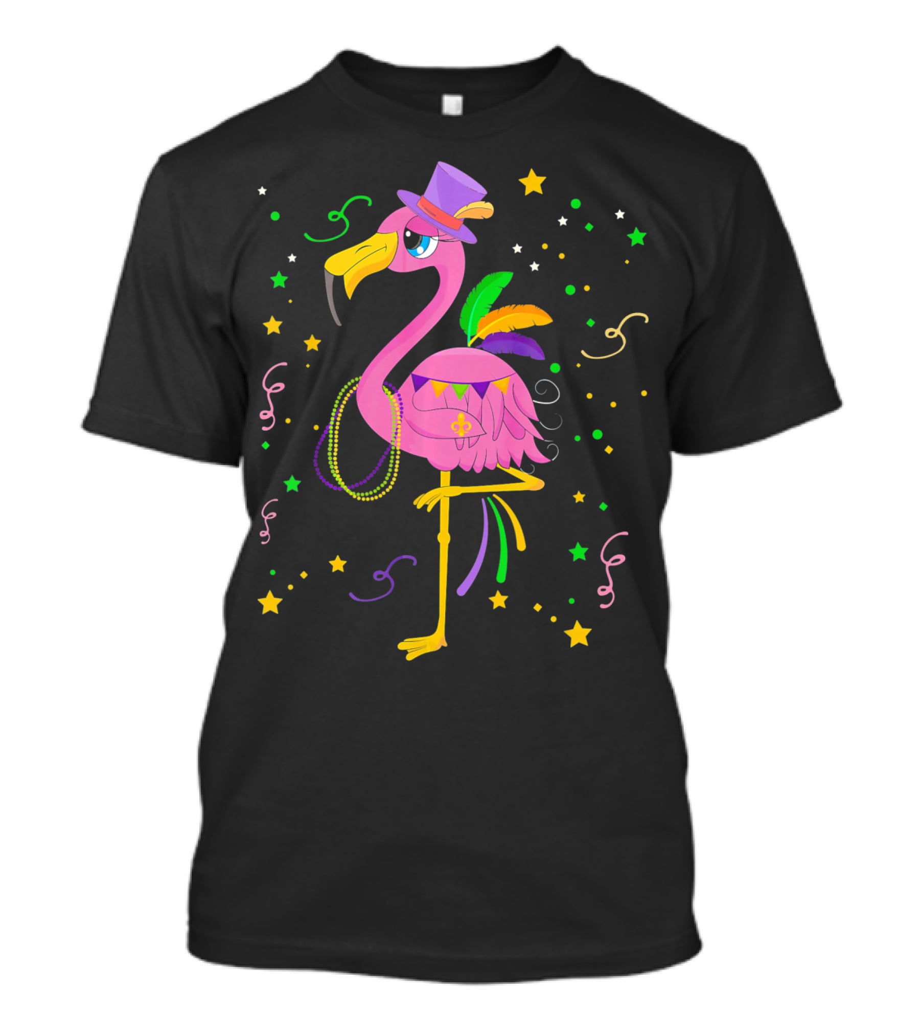 Mardi Gras Flamingo Carnival Festive Celebration With Colorful Beads And Stars T-Shirt