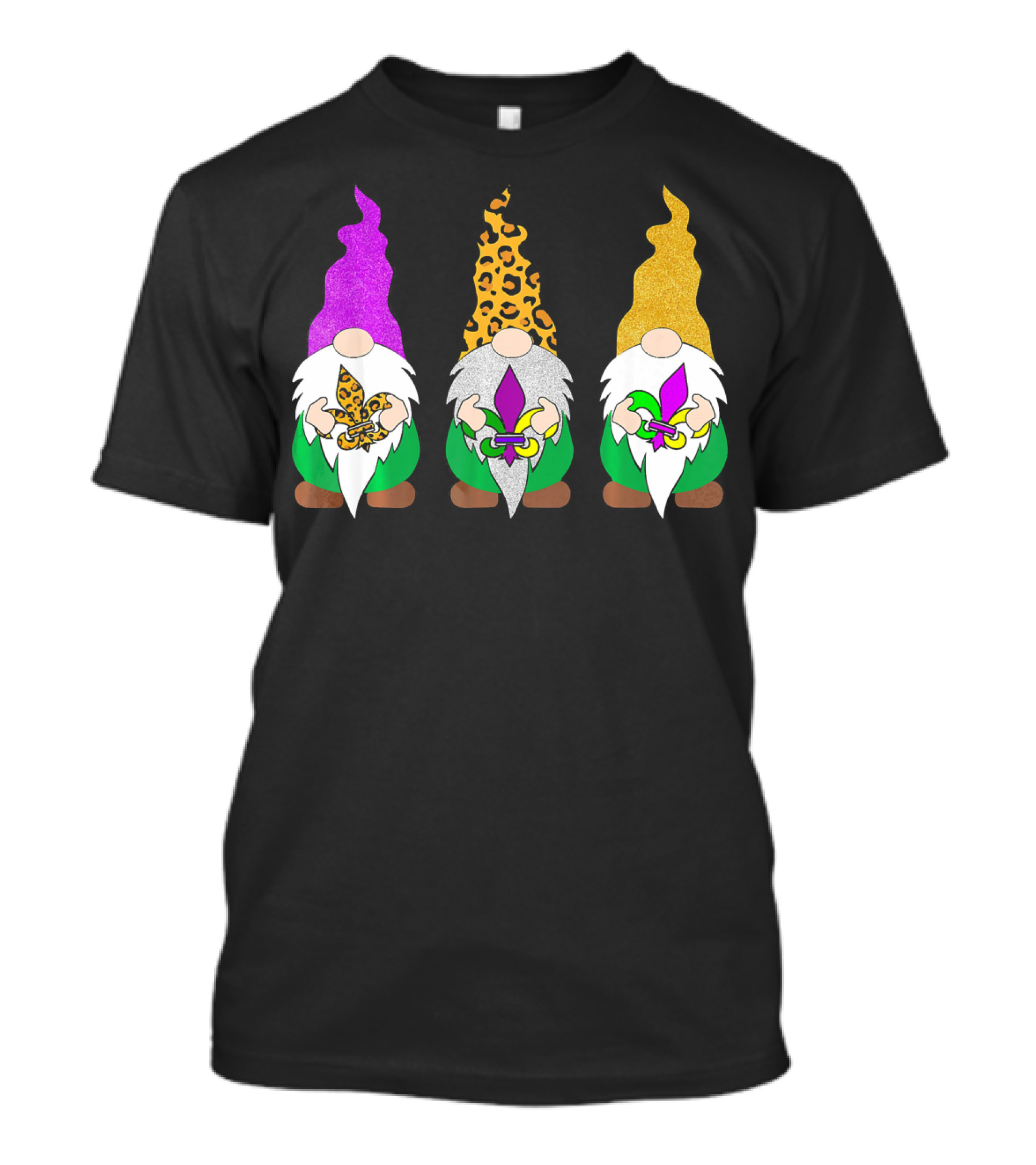 Mardi Gras Festival Colors Glitter Leopard Pattern Gnomes With Fleur-de-Lis T-Shirt