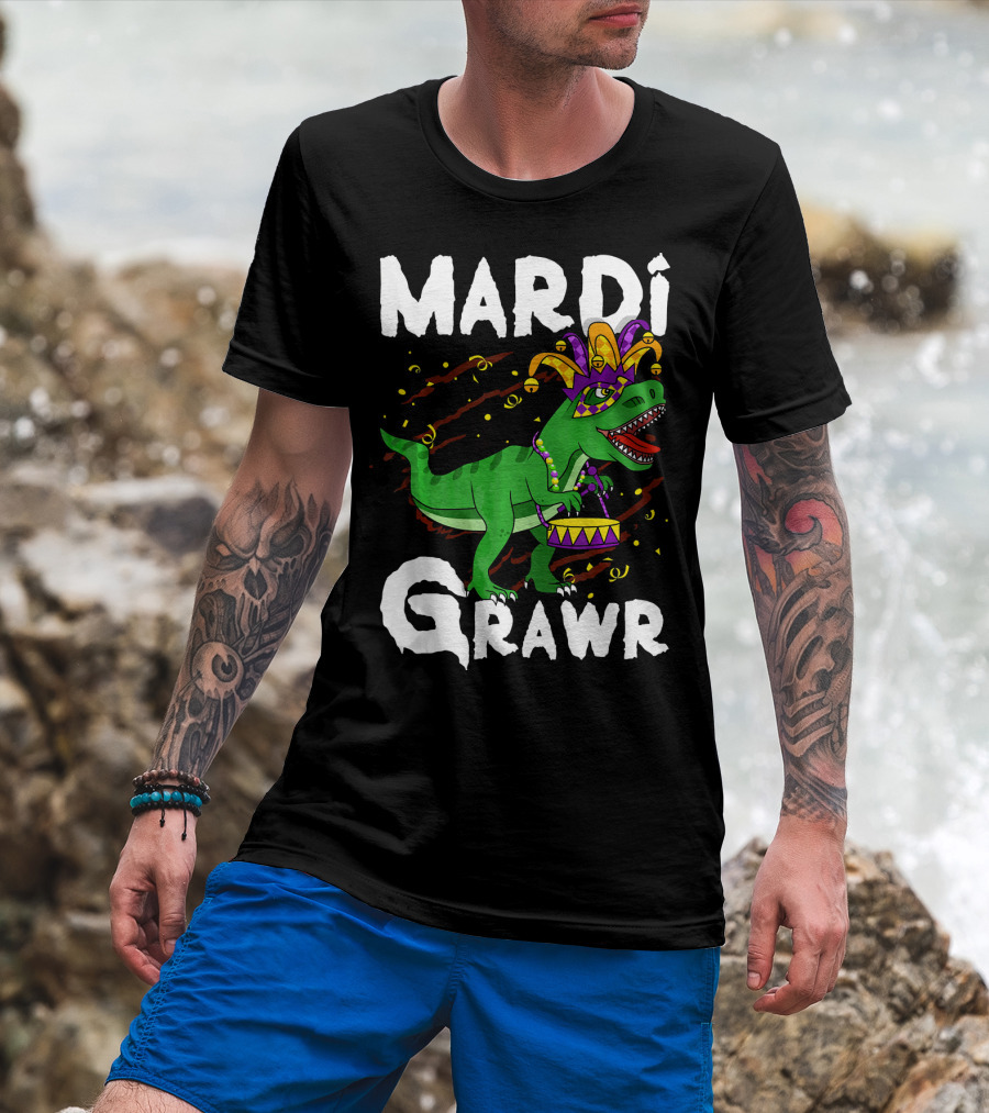 Mardi Grawr Rex Dinos Funny Mardi Gras T-Rex Jester Hat T-Shirt