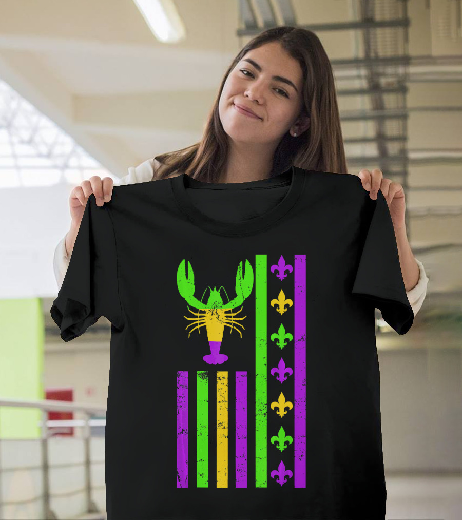 American Flag Mardi Gras Crawfish Fleur-de-Lis Stripes T-Shirt