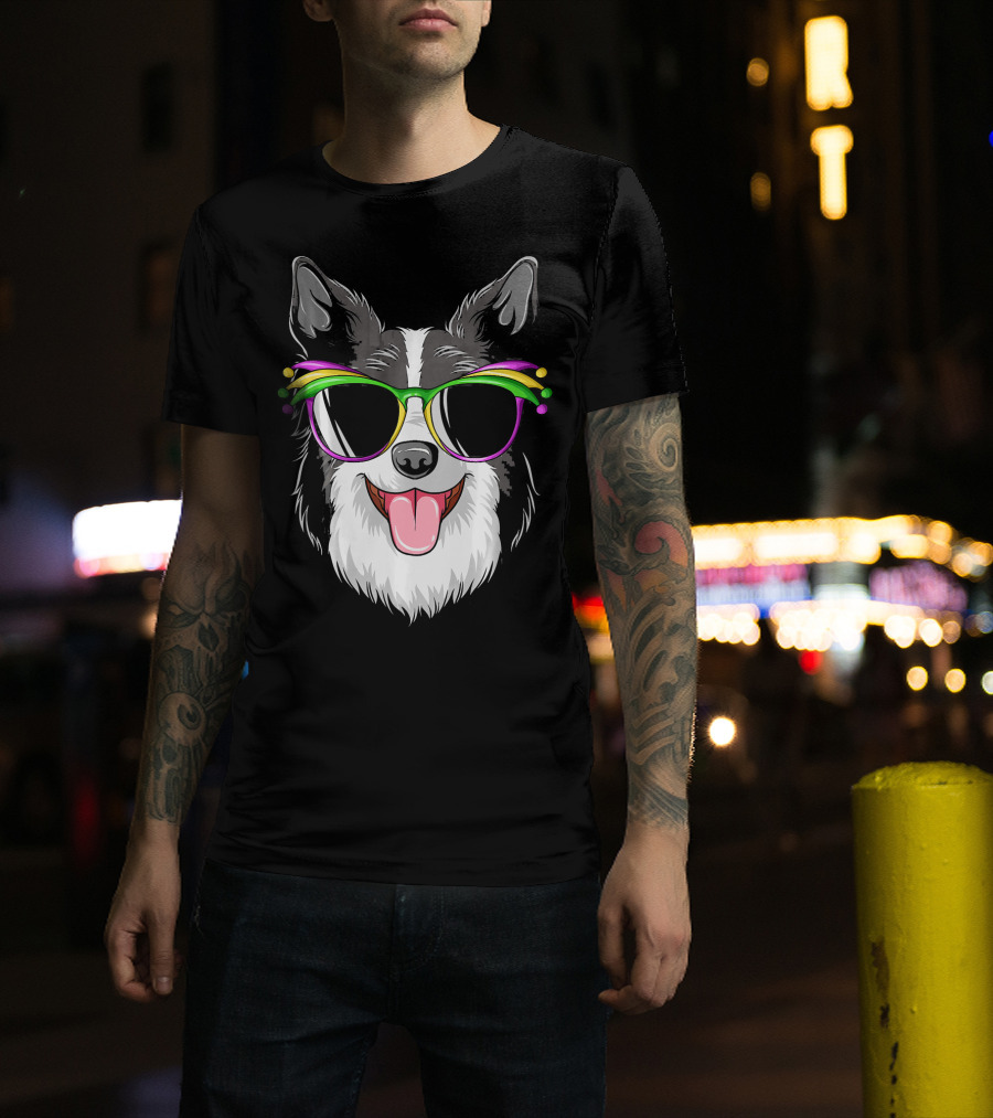 Collie Wearing Mardi Gras Carnival Mask With Colorful Glasses T-Shirt