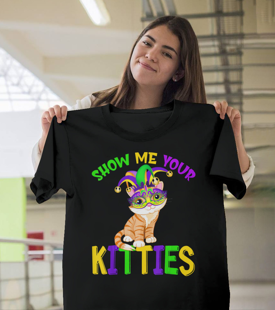 Show Me Your Kitties Cat Lover Jester Mask with Colorful Juggling Hat and Orange Tabby T-Shirt
