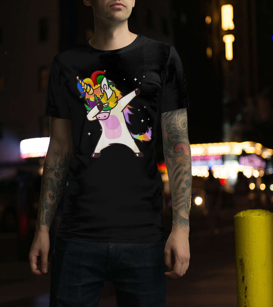 Mardi Gras Dabbing Unicorn Jester Mask Party T-Shirt