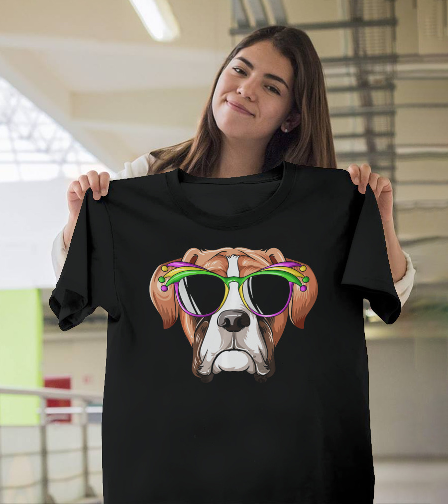 Boxer Dog Mardi Gras Jester Glasses Carnival Mask T-Shirt