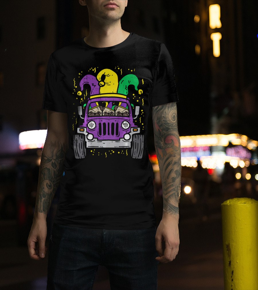 Mardi Gras Jester Pug Dogs In Purple Car T-Shirt