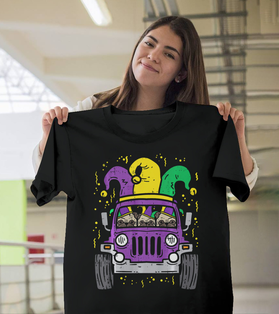 Mardi Gras Jester Pug Dogs In Purple Car T-Shirt
