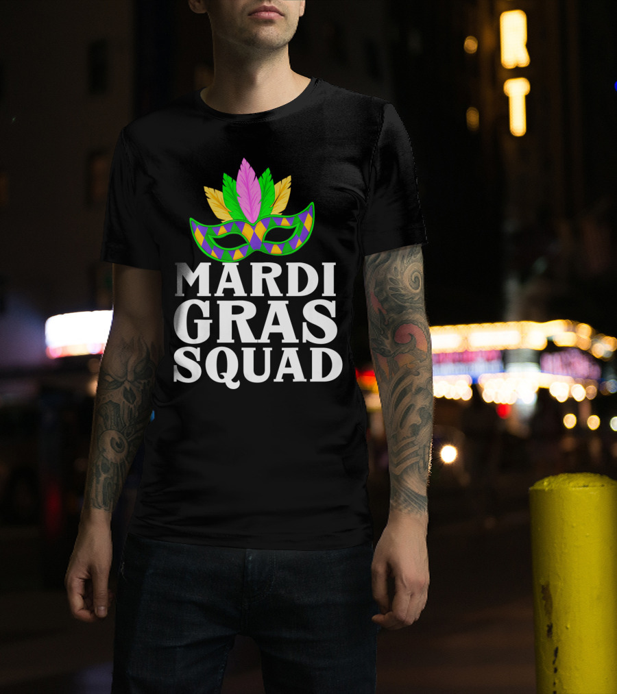 Mardi Gras Squad Colorful Mask And Feathers T-Shirt