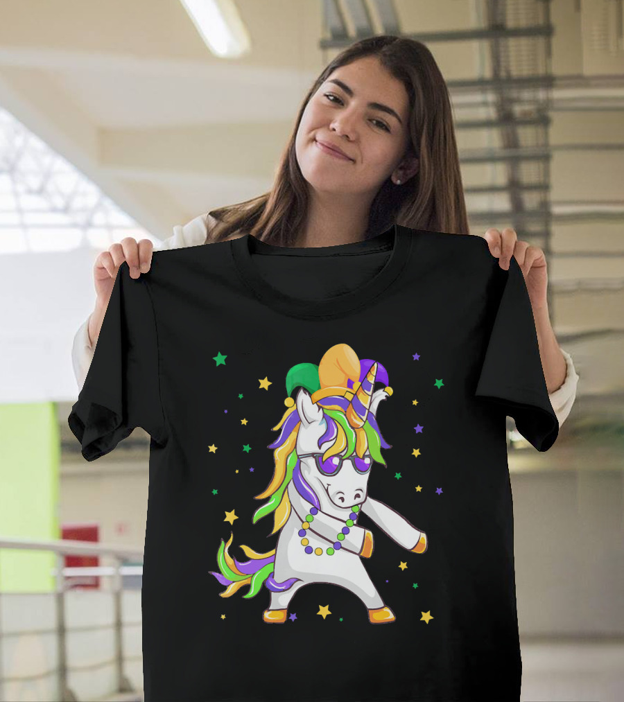 Flossing Unicorn with Mardi Gras Colors and Beads T-Shirt