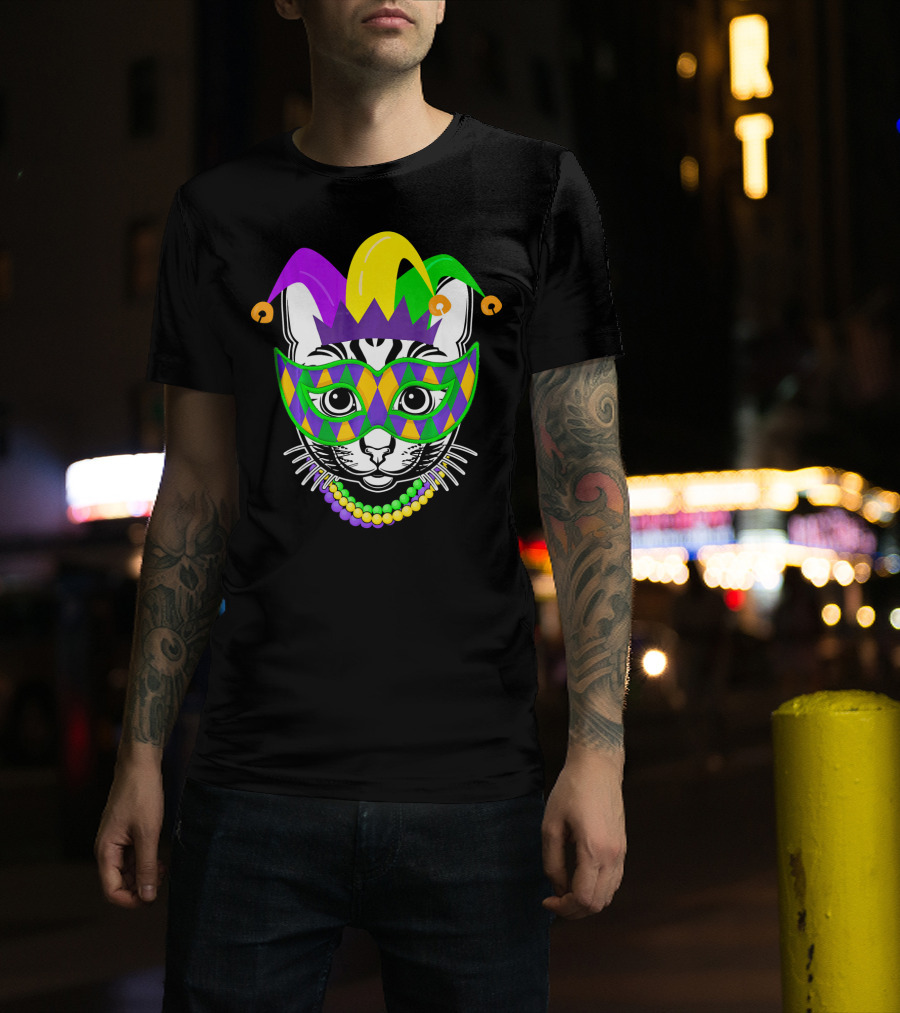 Mardi Gras Cat Jester Mask Beads Kitty Lovers T-Shirt