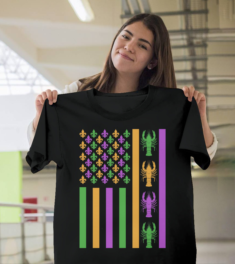 Mardi Gras Flag with Fleur-de-Lis and Crawfish Design in Purple Green and Gold T-Shirt