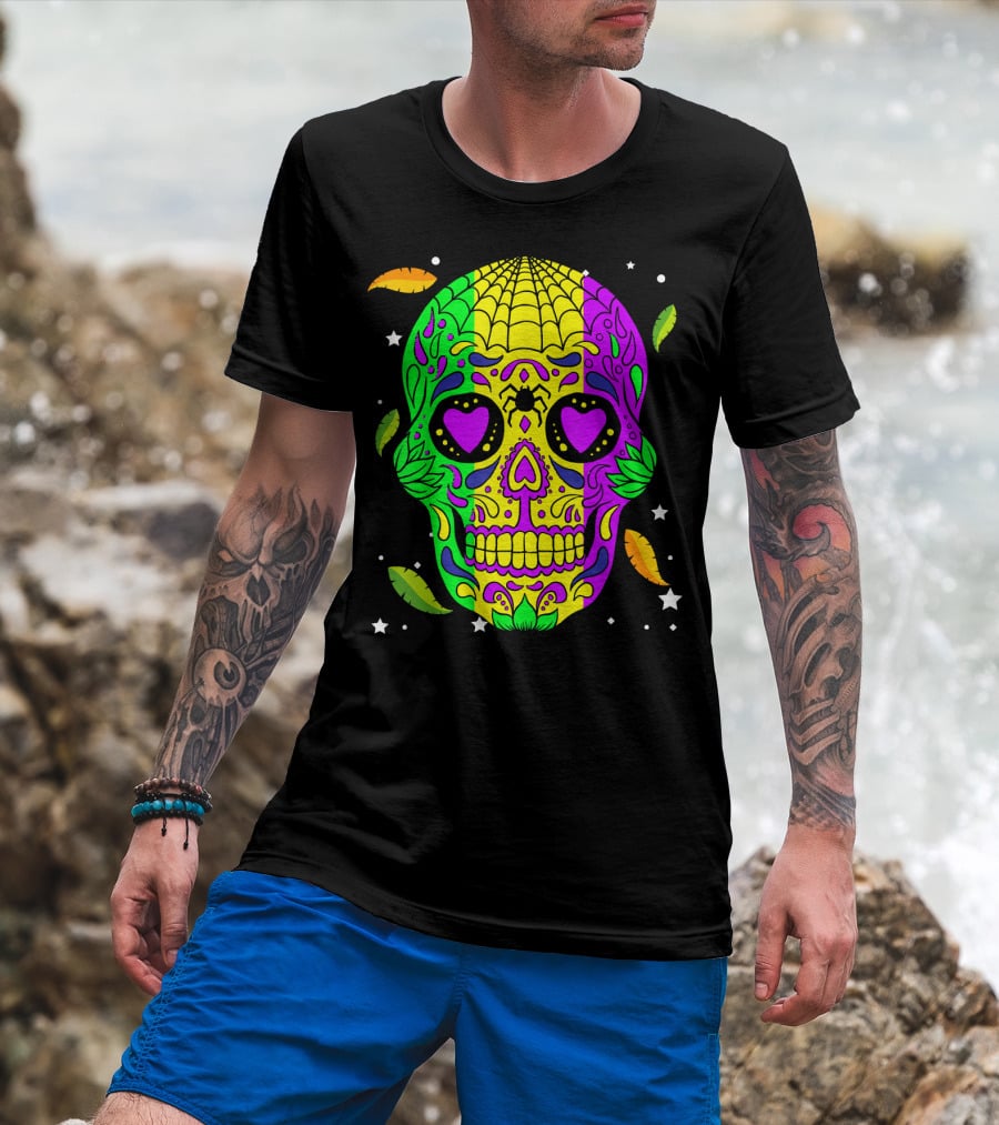 Mardi Gras Skull Jester Hat Colorful Feather T-Shirt