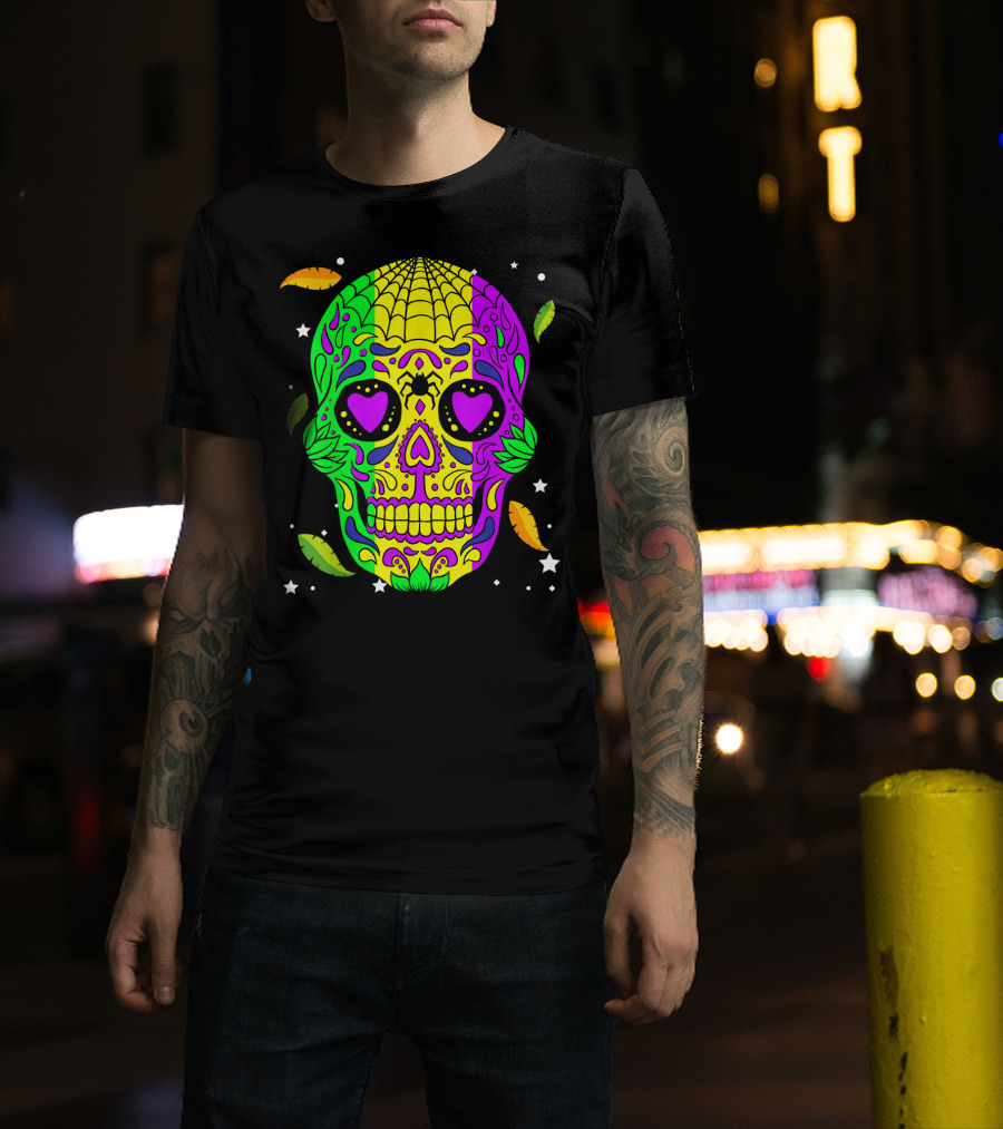 Mardi Gras Skull Jester Hat Colorful Feather T-Shirt