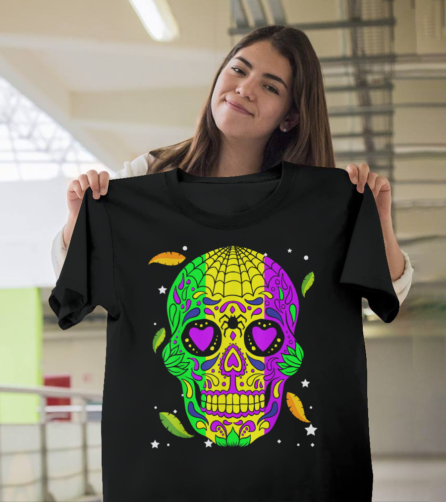 Mardi Gras Skull Jester Hat Colorful Feather T-Shirt