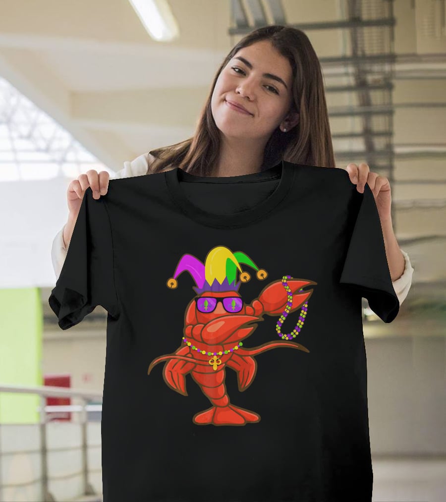 Jester Hat Crawfish Dabbing With Mardi Gras Beads Party T-Shirt