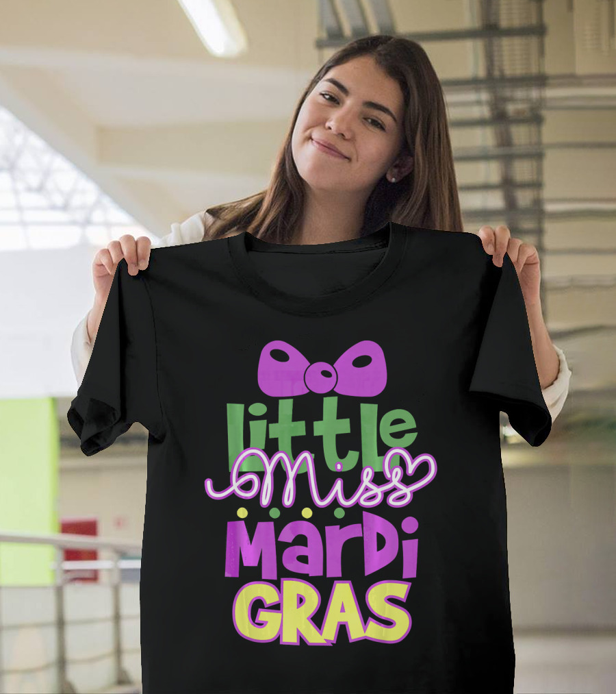 Little Miss Mardi Gras Bow Colorful Letters T-Shirt