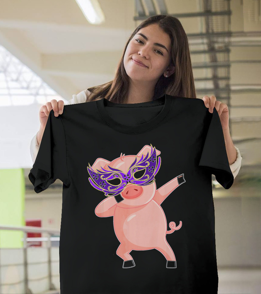 Mardi Gras Pig with Purple Mask Dabbing T-Shirt