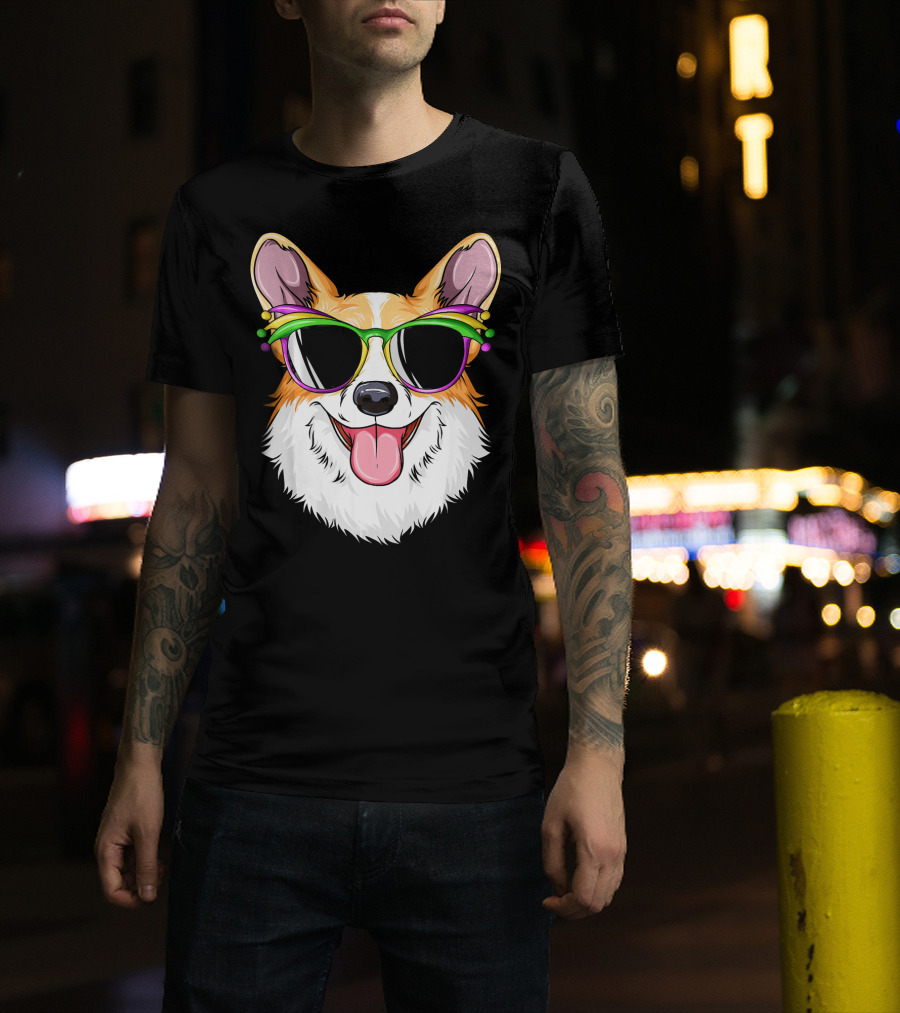 Mardi Gras Corgi With Carnival Mask And Glasses T-Shirt