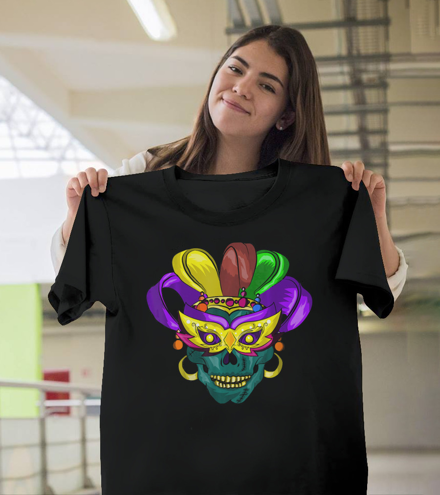 Mardi Gras Sugar Skull Colorful Mask Feather Parade Costume T-Shirt