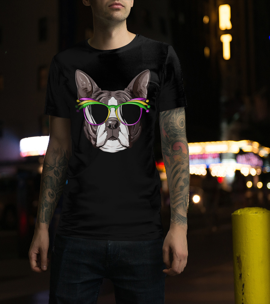 Boston Terrier With Colorful Mardi Gras Carnival Mask Glasses T-Shirt