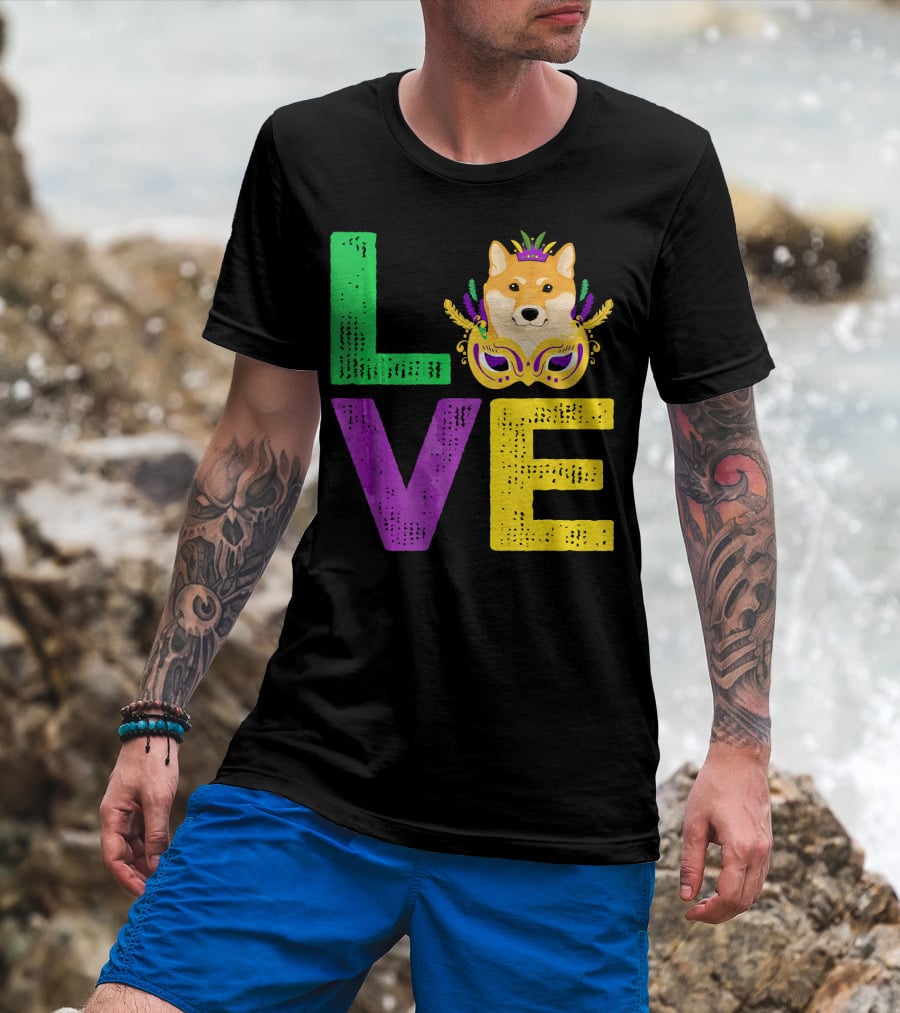 Love Shiba Inu Dog Mardi Gras Funny Dog Dad T-Shirt
