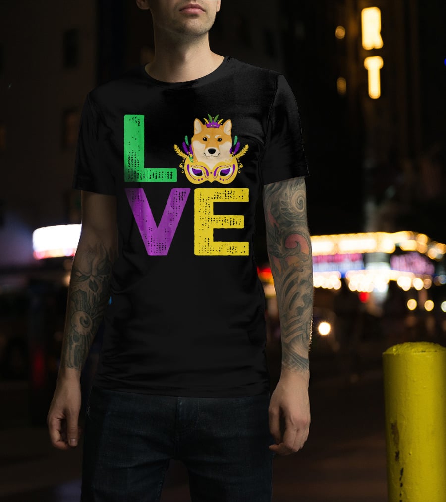Love Shiba Inu Dog Mardi Gras Funny Dog Dad T-Shirt