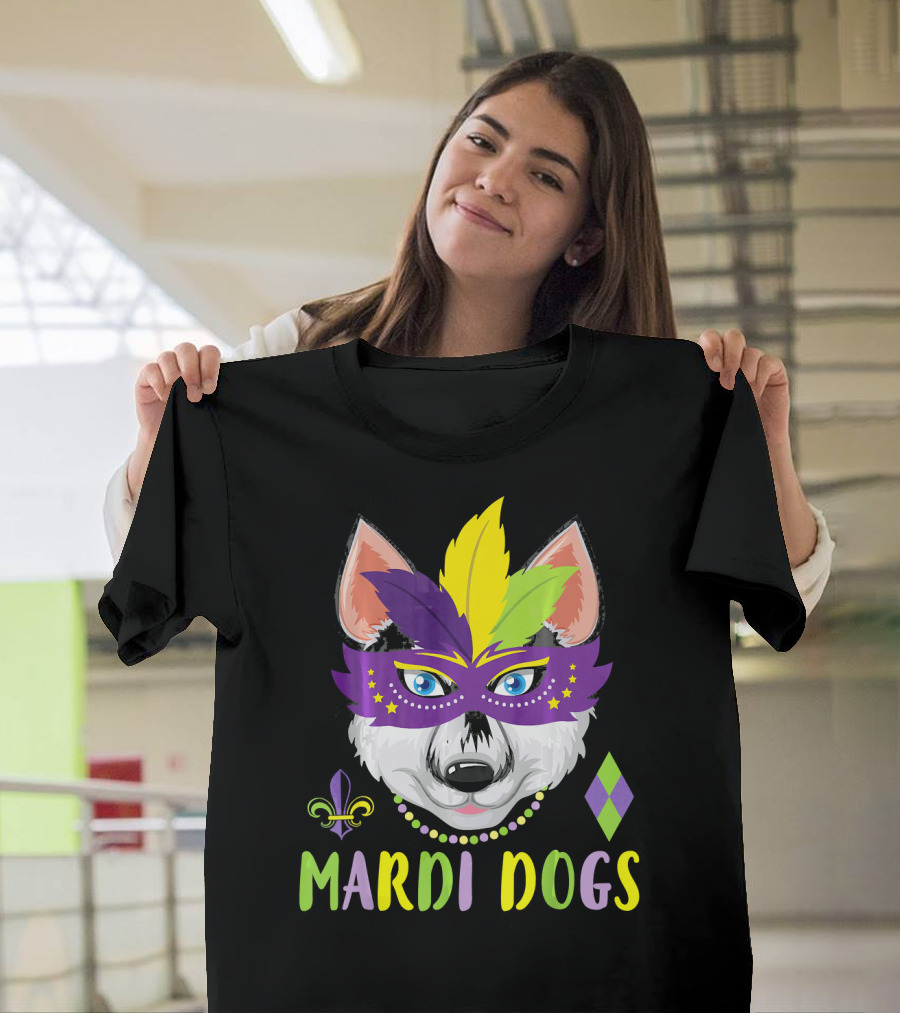 Mardi Dogs Siberian Husky Mask Beads Fleur-de-Lis T-Shirt