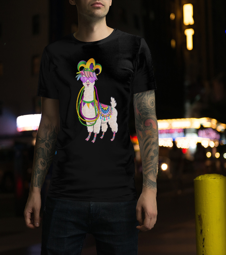 Mardi Gras Beads Masked Llama With Jester Hat T-Shirt