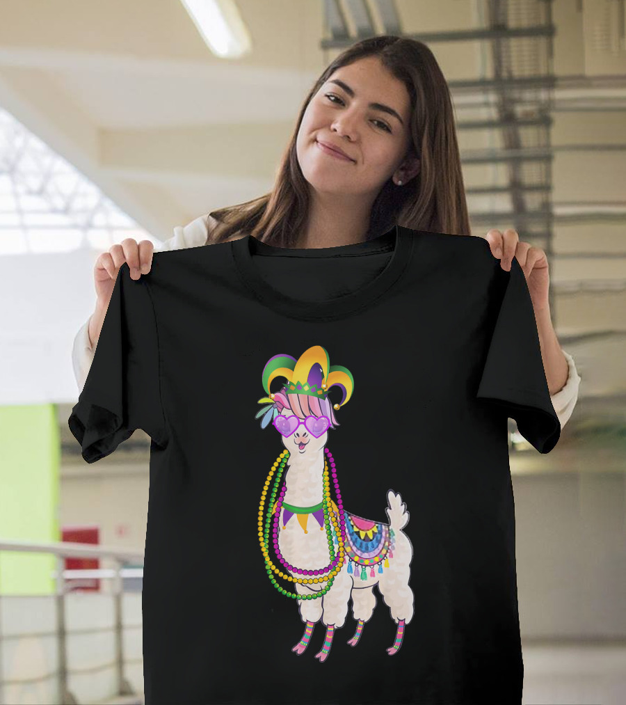 Mardi Gras Beads Masked Llama With Jester Hat T-Shirt