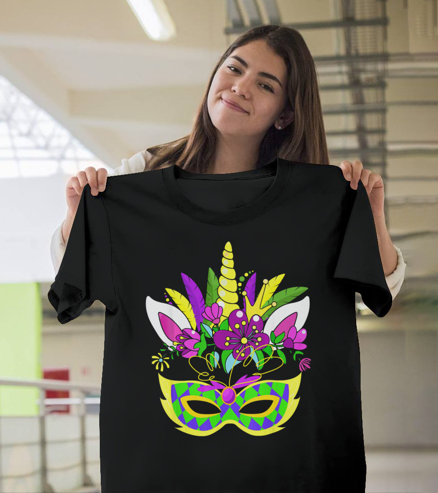 Mardi Gras Unicorn Mask Flowered Headdress T-Shirt