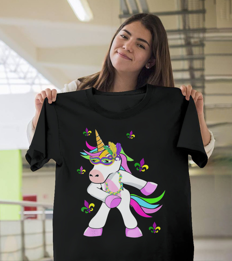 Mardi Gras Flossing Unicorn Fleur De Lis Mask Feathers Beads T-Shirt