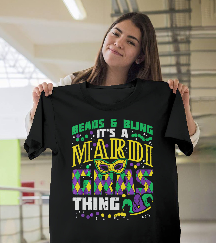 Beads and Bling It's a Mardi Gras Thing with Mask and Jester Hat T-Shirt