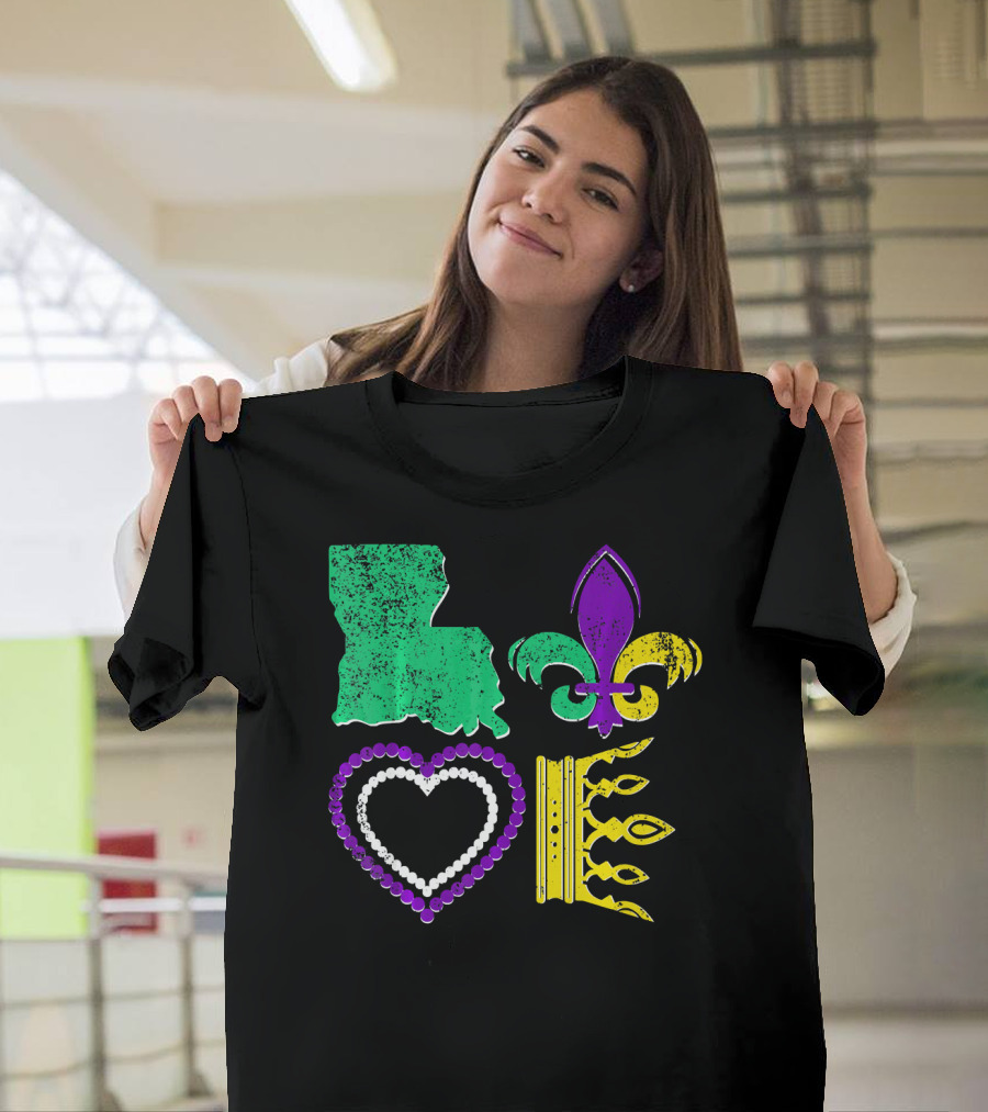 Louisiana Love Mardi Gras Fleur-de-Lis Beads Crown T-Shirt