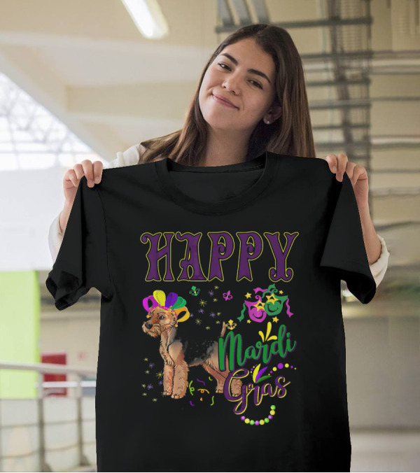 Happy Mardi Gras Welsh Terrier Masquerade Beads And Stars T-Shirt
