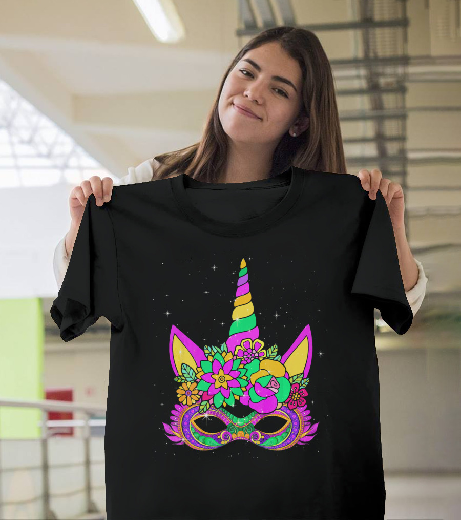 Mardi Gras Unicorn Floral Mask with Colorful Decorations T-Shirt