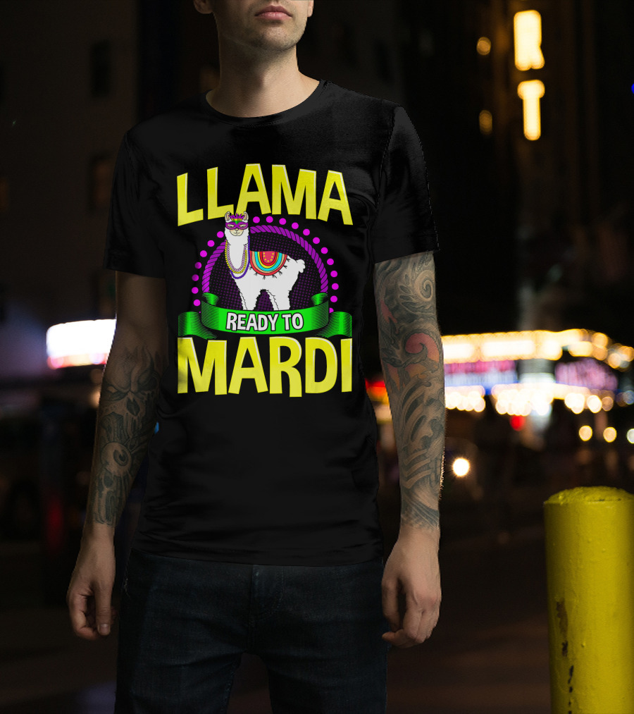 Llama Ready To Mardi Funny Llama Lover Festive Mask Beads Parade T-Shirt