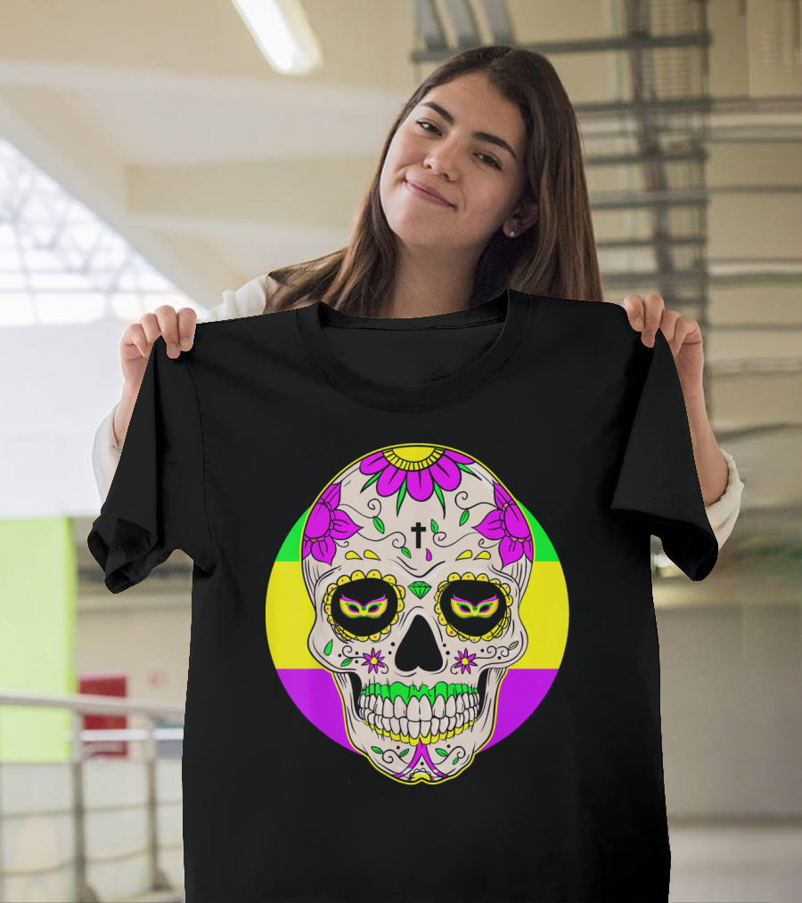 Mardi Gras Sugar Skull with Jester Hat and Mask Elements T-Shirt