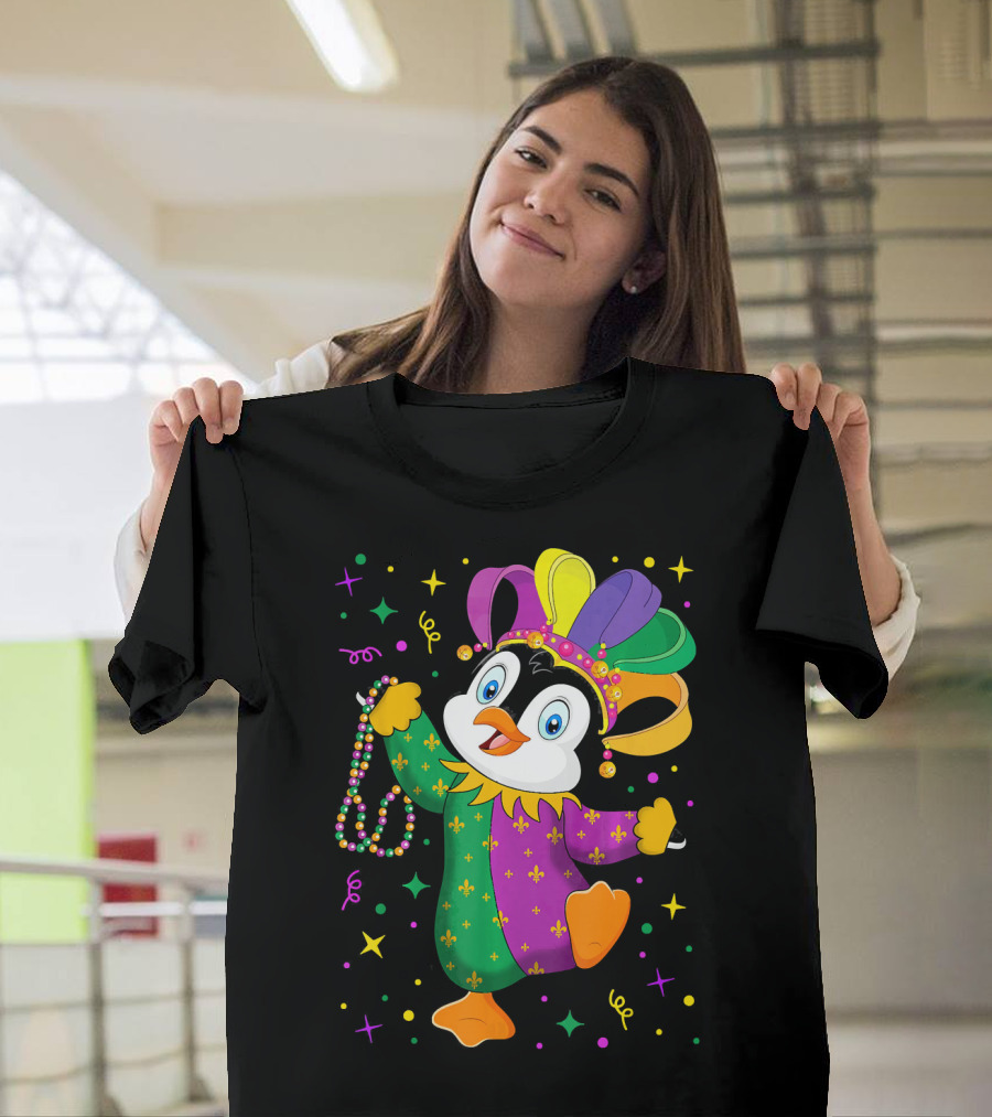 Cute Penguin Jester with Mardi Gras Colors and Beads T-Shirt