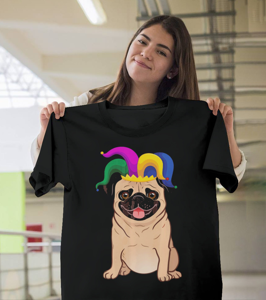 Pug Dog Wearing Colorful Jester Hat For Mardi Gras T-Shirt