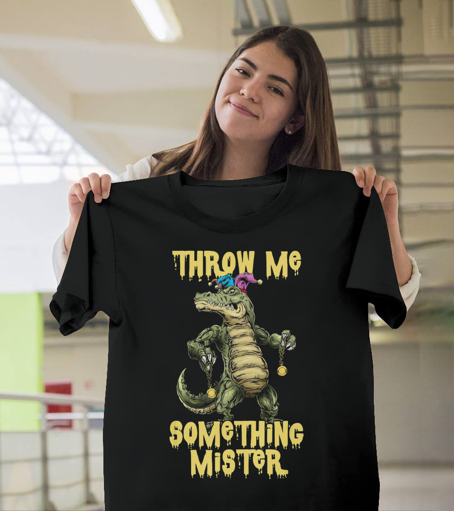 Throw Me Something Mister Mardi Gras Alligator With Beads And Jester Hat T-Shirt