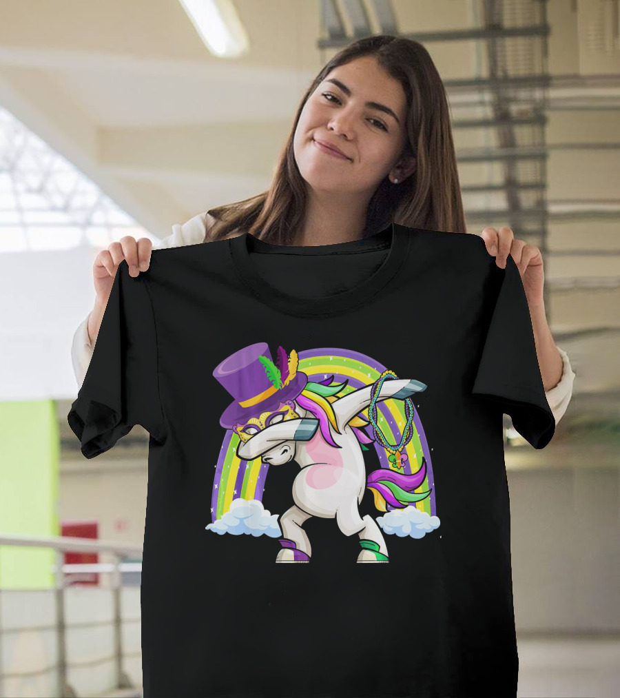 Mardi Gras Dabbing Unicorn Masked With Beads And Hat T-Shirt