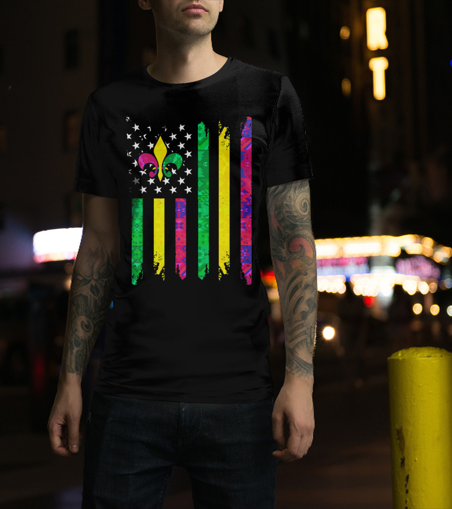 Mardi Gras Colors Fleur De Lis American Flag T-Shirt