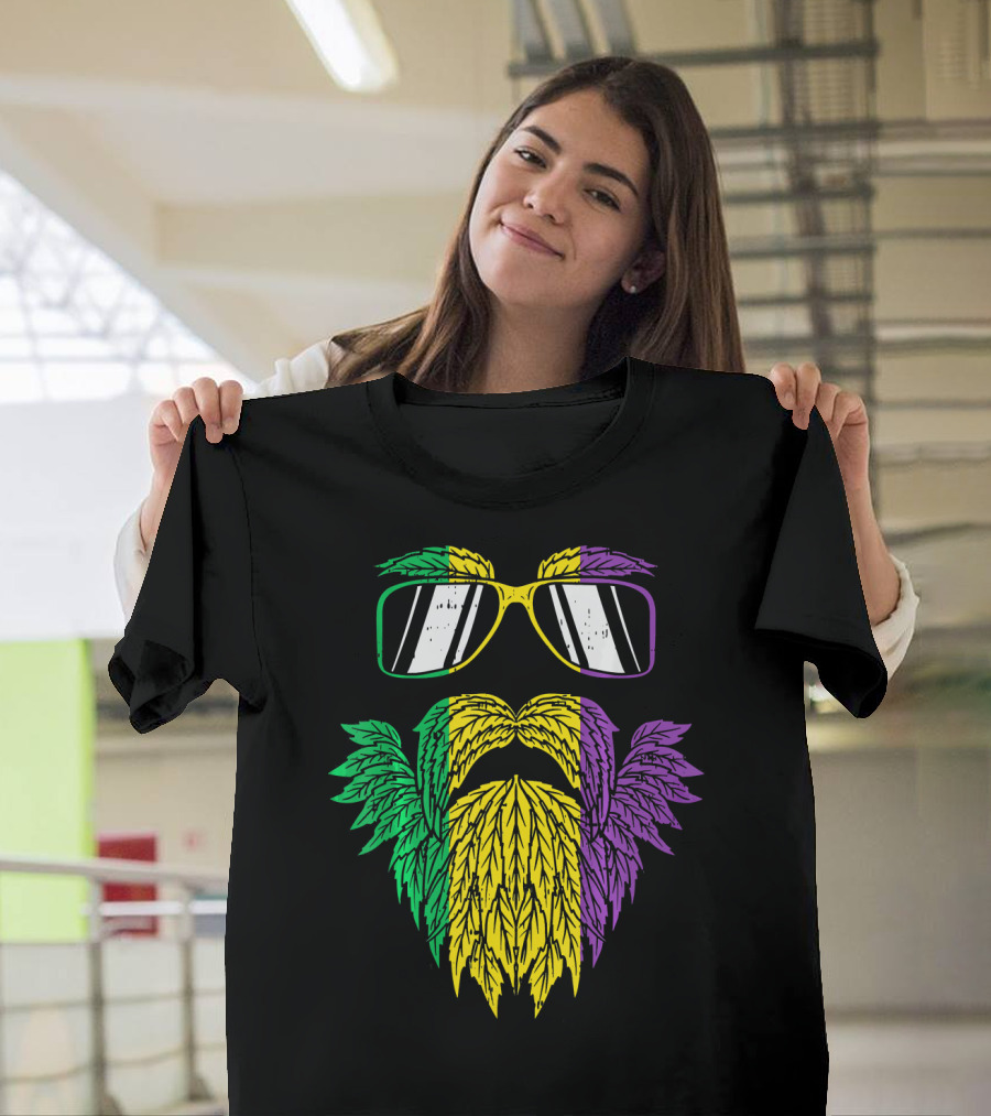 Purple Green Yellow Beard Sunglasses Mardi Gras Hipster T-Shirt