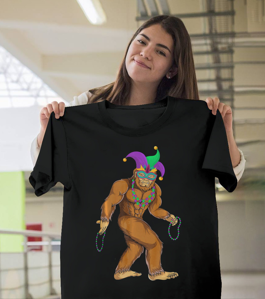 Mardi Gras Bigfoot Wearing Jester Hat Mask and Beads T-Shirt