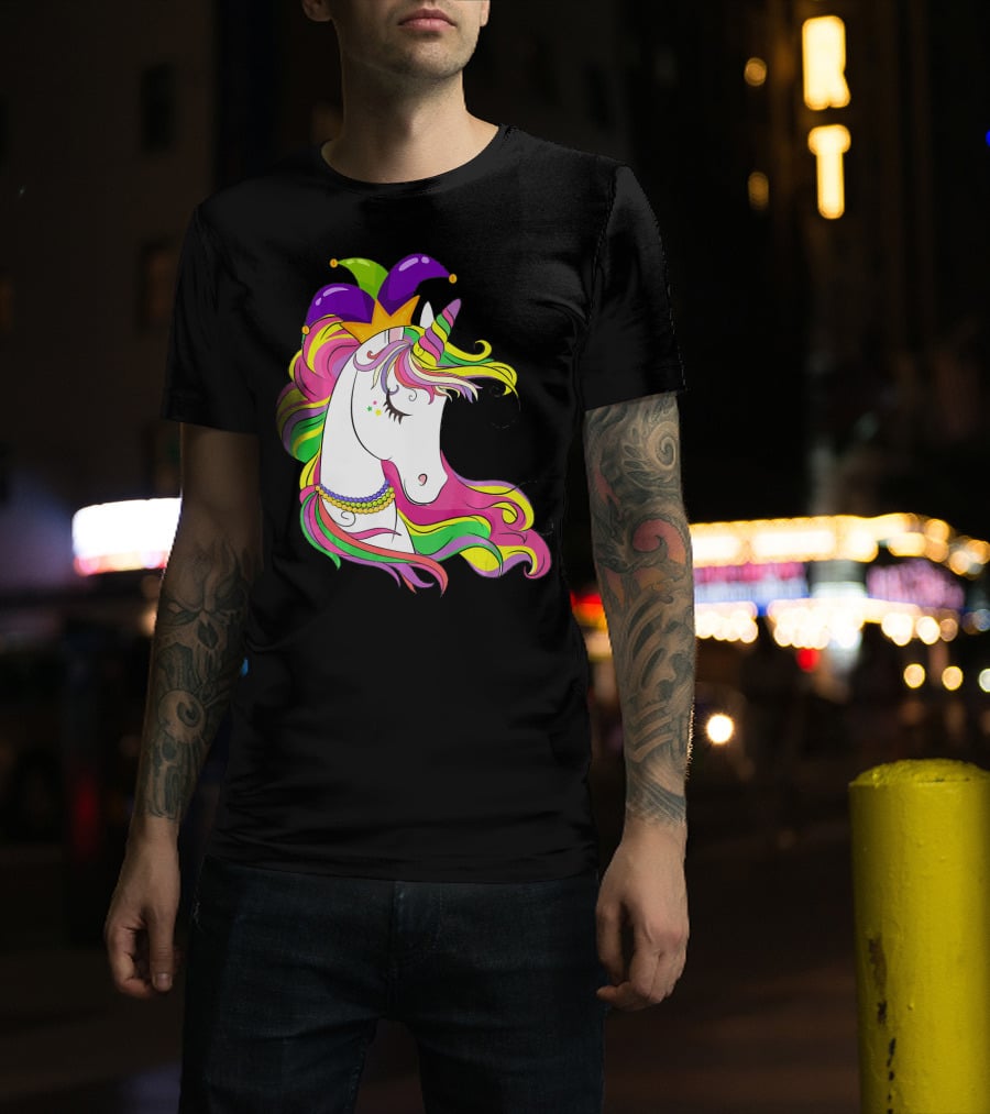 Jester Rainbow Unicorn Mardi Gras Costume With Colorful Mane And Hat T-Shirt